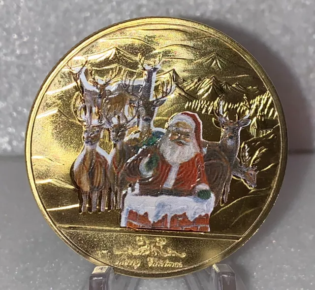 * Santa & Reindeer North Pole Merry Christmas Happy New Year Gold Plated Coin