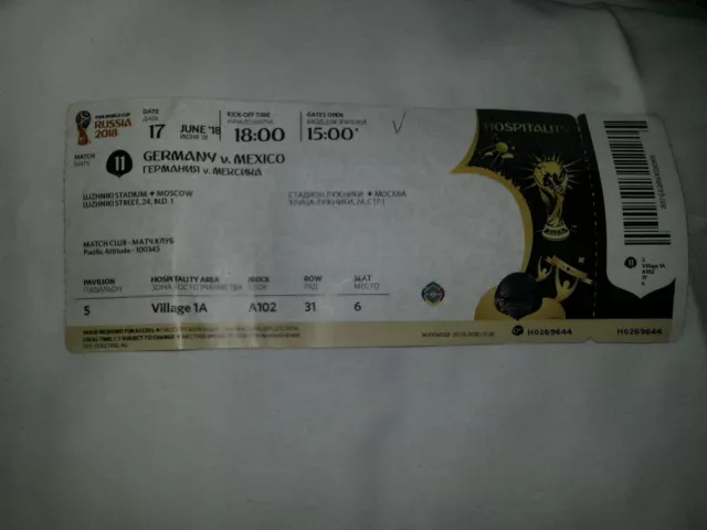 Used Sammler Ticket WM 2018 WC #011 Germany Deutschland vs Mexiko Hospitality