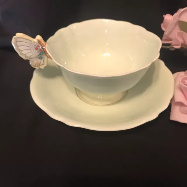 Paragon Butterfly Handle Tea Cup & Saucer Green Yellow Display Repaired 3