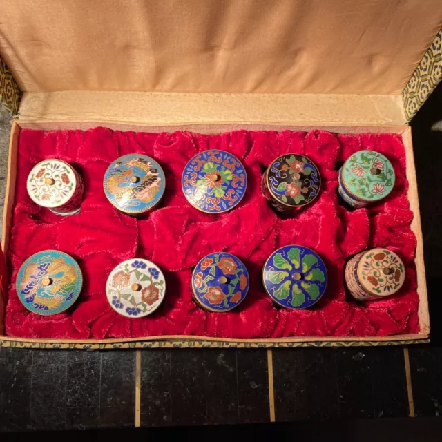 Set Of 10 Chinese Cloisonne Boxes Antique. Circa 1960'S. Copper And Enamel Rare