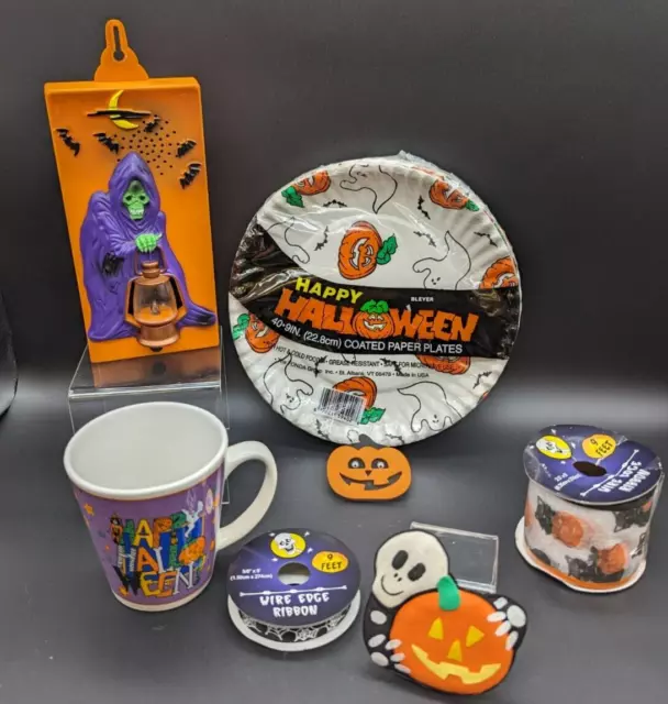 Vtg Halloween Decoration LOT Party Favors Ghost Plates Ribbon Reaper Door Bell