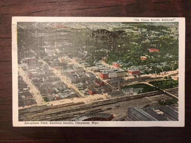 1945 Airplane View of Business Section Cheyenne Wyoming Postcard