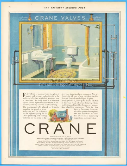 1927 BATHROOM Decor HOUSEHOLD Sink TUB Toilet CRANE VALVES Vintage 20's Print Ad