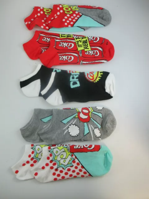 Coca-Cola Pack 5 No-Show Socks Black White Womens Size 9-11 Shoe Size 4-10