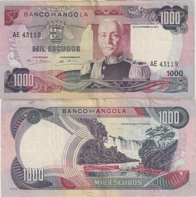 Angola Portuguese Admin 1000 Escudos Banknote 1972 Very Fine Pick#103"M.Carmona"