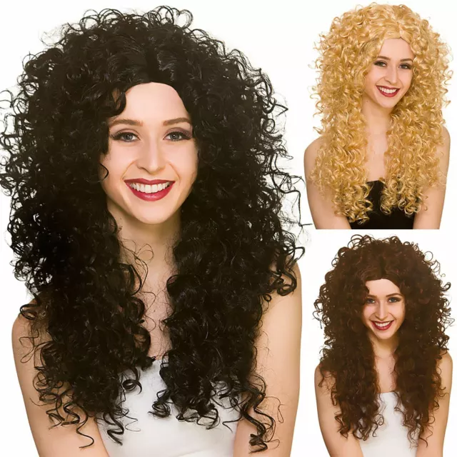 Adults Long Curly Wig Fancy Dress 80s Big Hair Halloween Disco Soft Perm