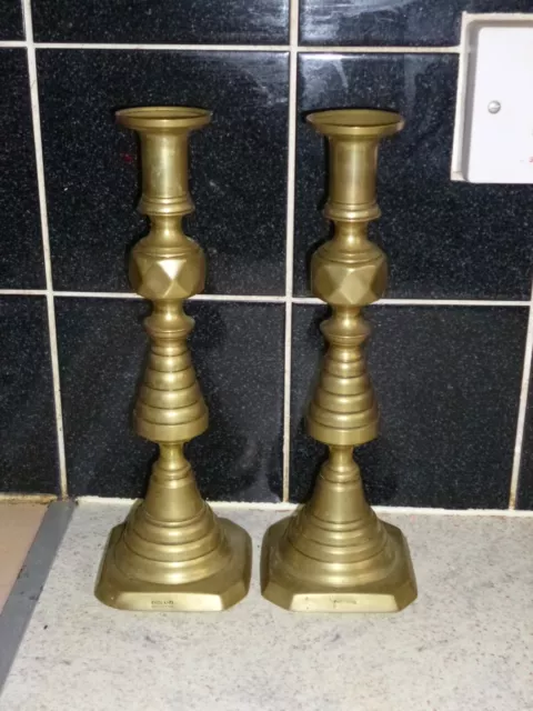 Pair Of Victorian Push Up Solid Brass Beehive Diamond Candlesticks