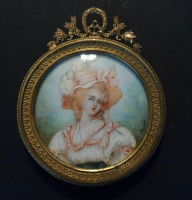 19th ANTIQUE BEAUTIFUL FRENCH MINIATURE PORTRAIT PAINTING HAT LADY BRONZE FRAME