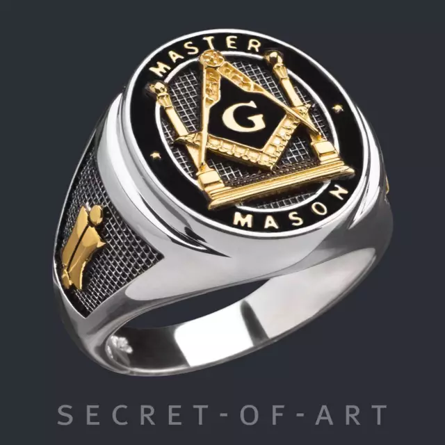 Masonic Ring Master Mason Freemason Pillars Silver 925 with 24K-GoldPlated Parts