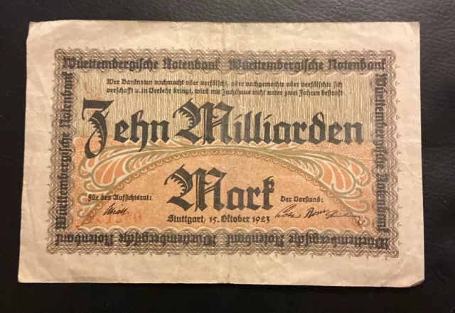 Originaler Geldschein 10 Milliarden Mark Württemberg 1923