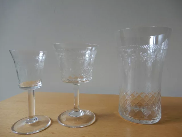 Three, Early Lady Hamilton Pall Mall Etched Crystal Glasses Port, Wine & Tumbler