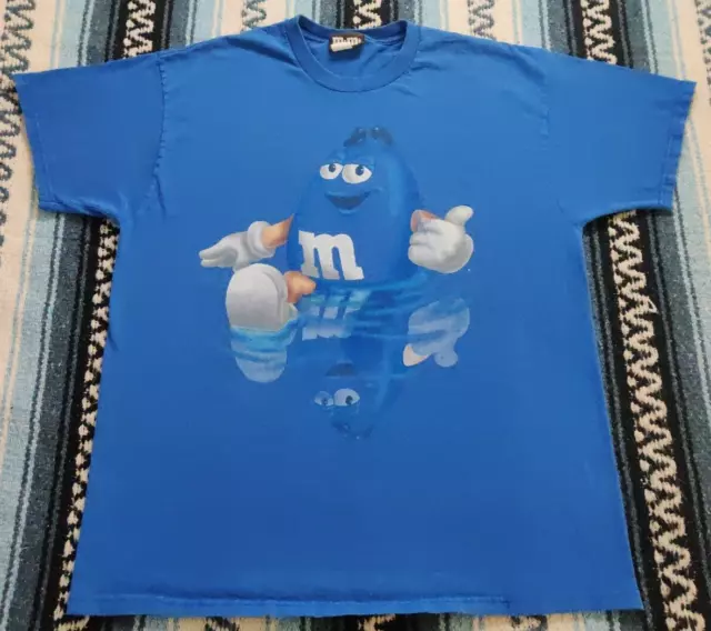 Vtg Y2K Blue M&Ms Candy Chocolate Promo Cartoon Character T Shirt Men's Size XL