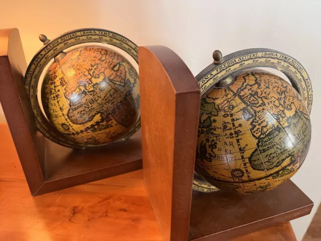 Vintage Old World Rotating Globe Wood Bookends Made in Italy Set/2 Pair 1970s 2