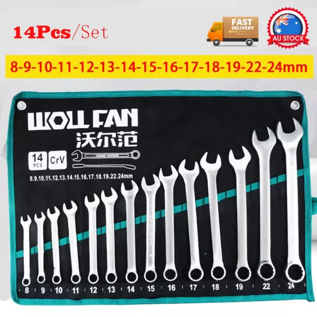 14PCS 8-24mm Spanner Set Metric Combination Open Box Wrench W/ Roll bag AU Stock