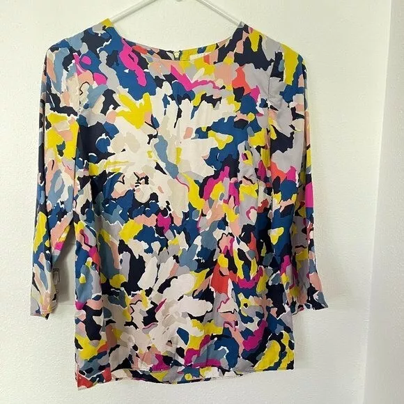 Boden Eliza Floral Silk Blend 3/4 Sleeve Silk Blend Top Back Zip Boatneck SZ 4