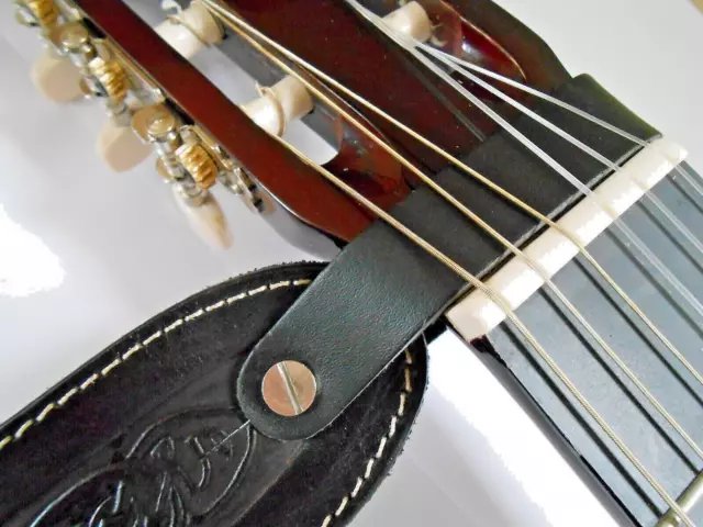 Uk Made Black Acoustic Or Electric Guitar Headstock Leather Strap Tie Hook