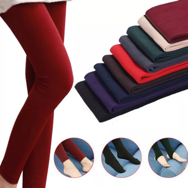 Leggings Doublés Polaire Pour Femmes Couleurs Unies Hiver Épais Chaud #