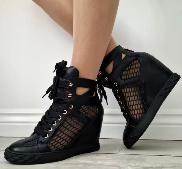 Women Black Wedge Heel High Top Ankle Boots Sneakers Trainers Bootie Shoes Sizes