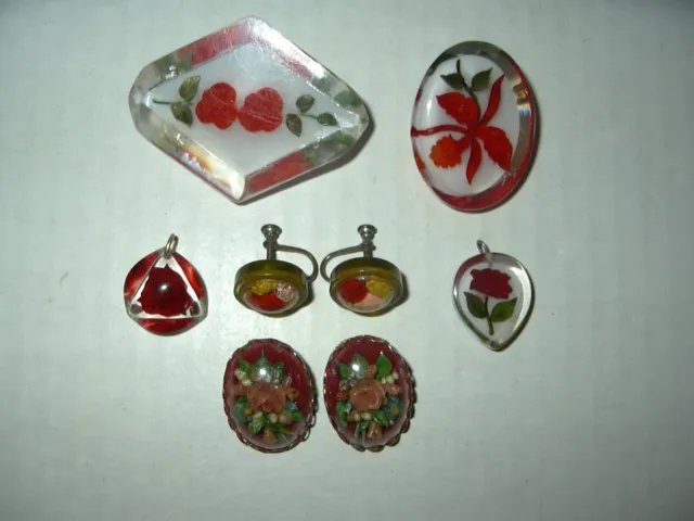 6 Vintage Reverse Carved Plastic Lucite Red Rose Flower Pins-Pendants-Earrings
