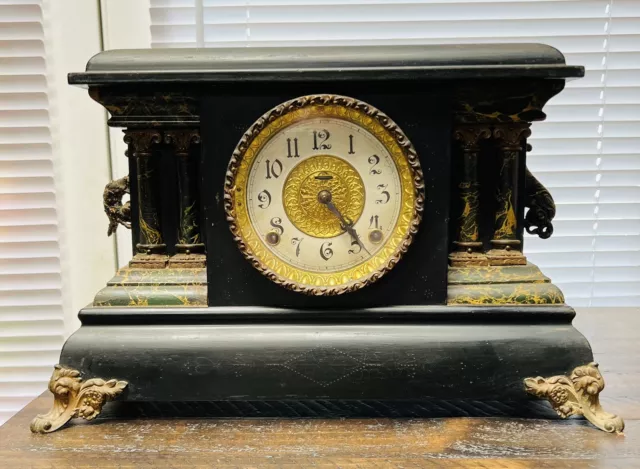 Antique Ingraham Mantel Clock W/ Key & Pendulum | Works!