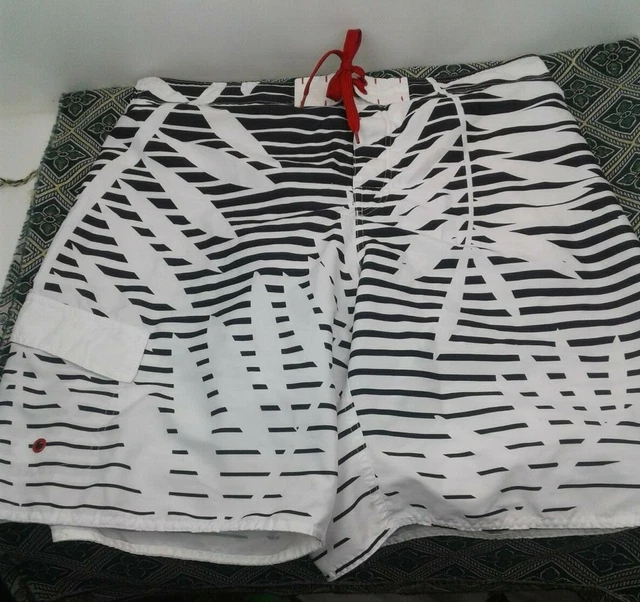 Joe Boxer Mens White/Black Leaf Design Drawstring Swimsuit/Board Shorts Size XL