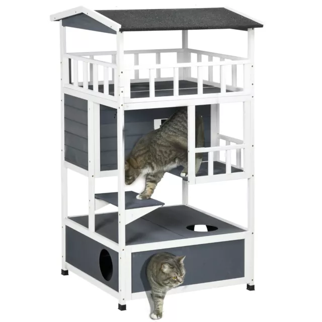 PawHut Wooden Outdoor Cat House 3-Tier Kitten Shelter w/ Tilted Roof Grey