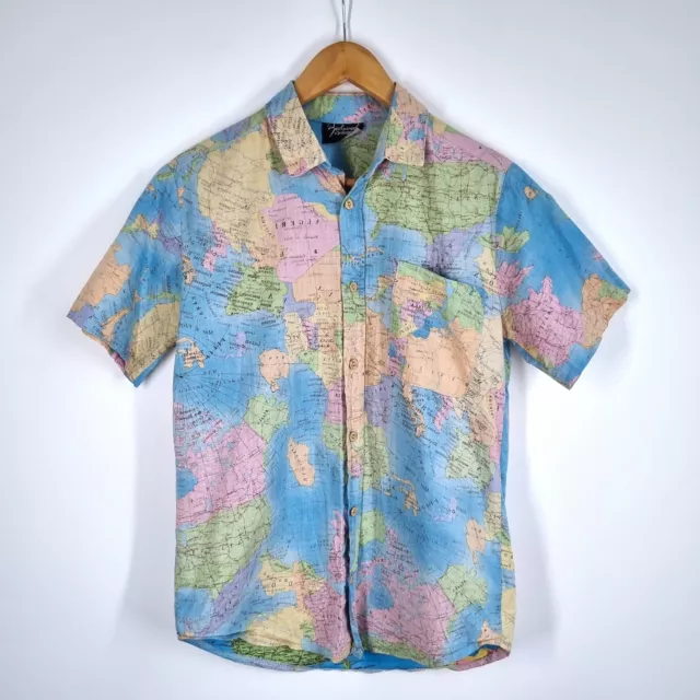 Reclaimed Vintage Shirt World Map Print 100% Cotton Short Sleeves Men's Small