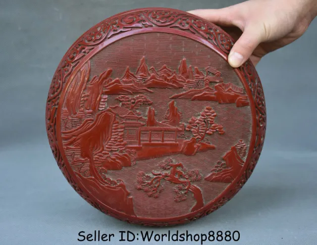 10" Qianlong Marked Old Red Lacquerware Dynasty landscape Jewelry box jewel case