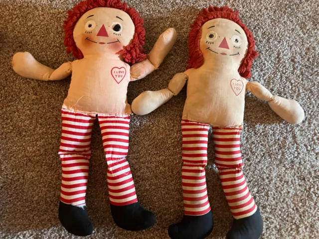 Vintage 1970s Raggedy Ann and Andy Dolls Knickerbocker 16" Set I Love You Heart