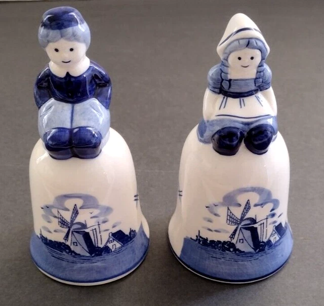 2 Vintage Delft Blue Hand Painted Holland Dutch Windmill Bells 5" - Lot of 2