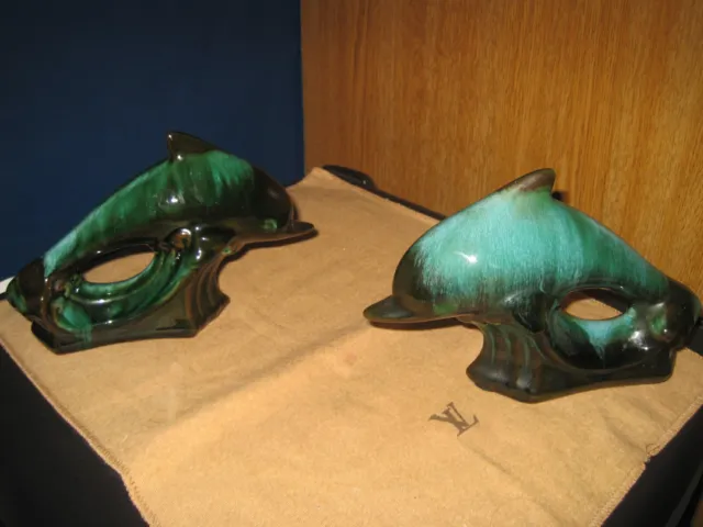 Blue Mountain pottery -drip glaze Pair of dolphin ornaments