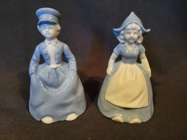 Set of 2 Vintage Ceramic Dutch Boy and Girl Bells, Delft Blue
