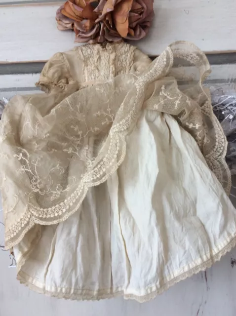 Exquisite Antique French Le Filet Ancien ecru Fine Tambour Lace Doll dress~Perfe