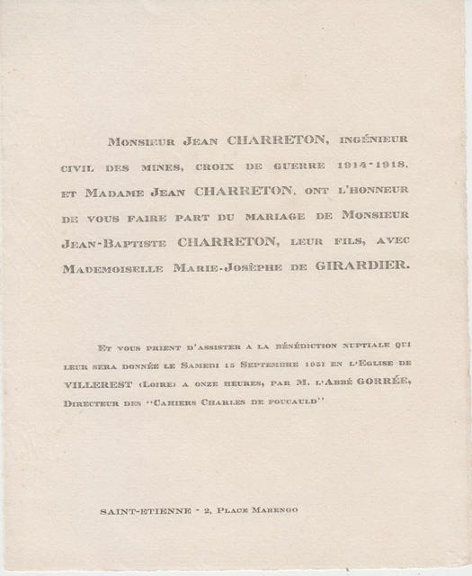 1951 FAIREPART MARIAGE JeanBaptiste CHARRETON & MarieJosèphe de