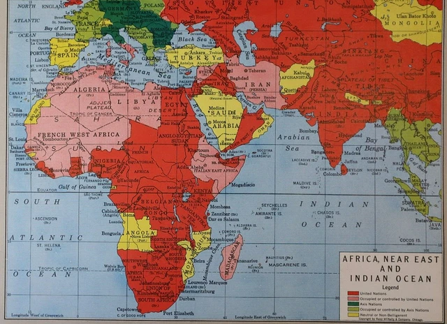 Old 1944 Rand McNally Atlas Map ~ WWII WAR ZONE - AFRICA - NEAR EAST - INDIA