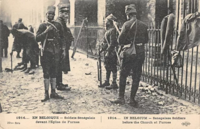 Cpa Guerre En Belgique Soldats Senegalais Devant L'eglise De Furnes