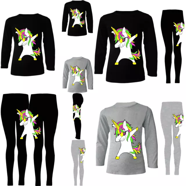 Unicorn Top and Leggings Set Long Sleeve Black Grey Kids Girls Age 2 - 13 Years