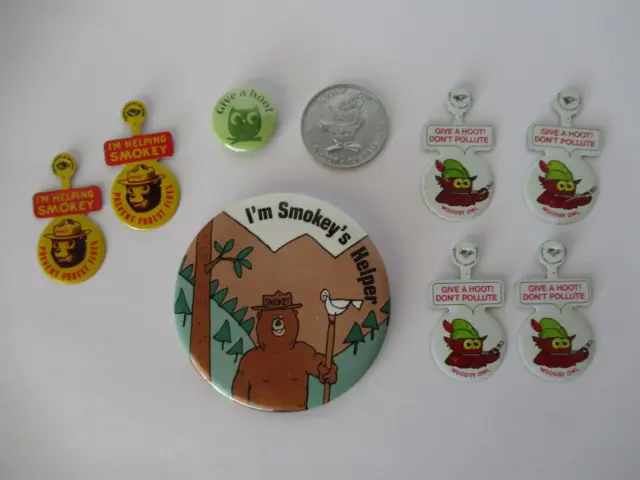 Woodsy Owl GIVE A HOOT DON'T POLLUTE  Token Tab Button Smokey the Bear Pinback