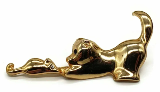 Gold Tone Brooch Of A Cat Playing With A Mouse Pin 2 1/4"