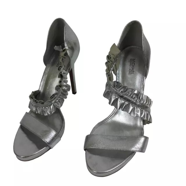 MICHAEL KORS Womens Bella Platform Silver Leather Sandals High Heel Shoes Sz 10M