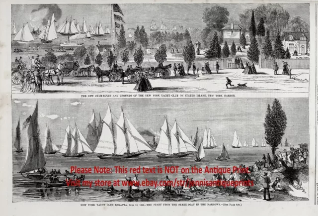 New York Yacht Club Staten Island Club House & Regatta Large 1860s Antique Print