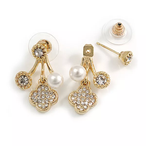 Gold Tone Clear Crystal White Faux Pearl Front Back Stud Earrings - 25mm Drop