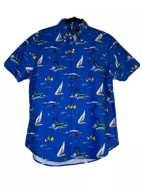 Polo Ralph Lauren Short Sleeve Shirt Blue Sailboat Islands Cotton Oxford Size M