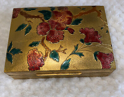 Copper Brass Jewelry Trinket Box Enamel cloisonné  Colorful Pink Floral Design