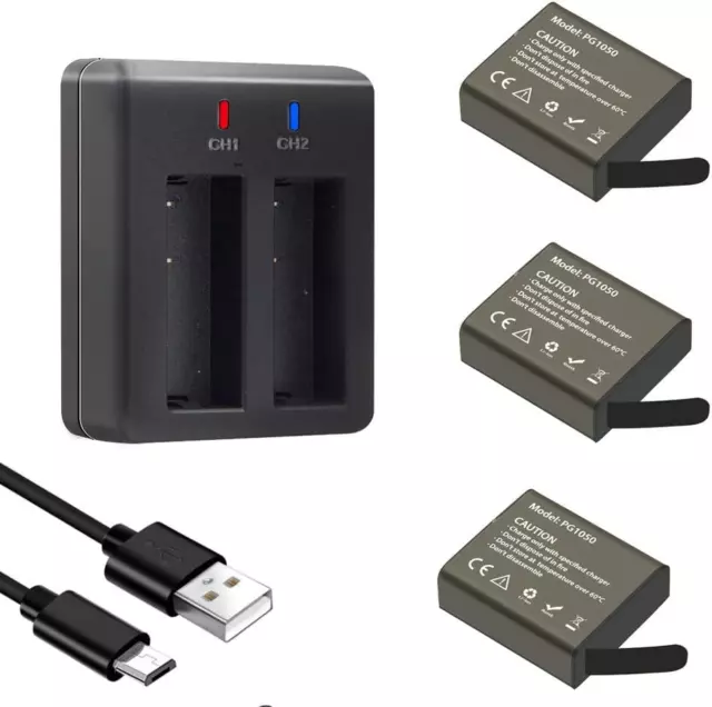 Batería de cámara de acción GeeKam PG1050, 1050mAh baterías recargables 3 piezas USB