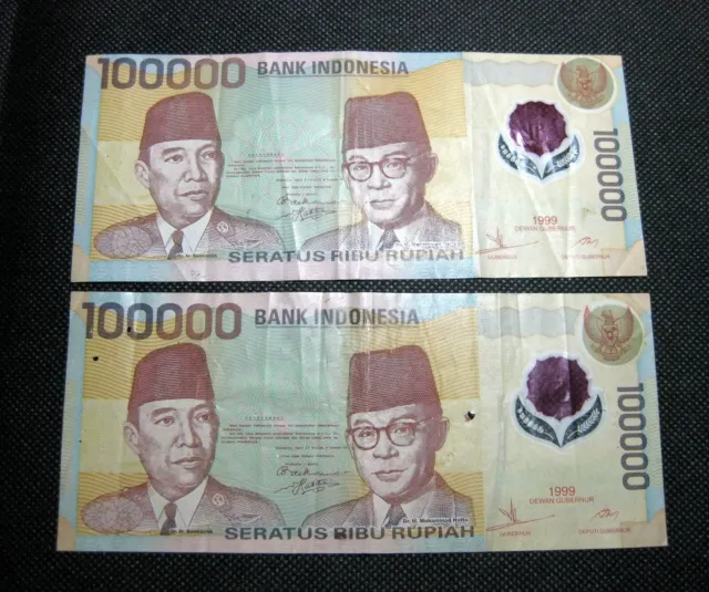 2x 1999 Bank Indonesia 100000 Seratus Ribu Rupiah Used Bank Notes (A Series)