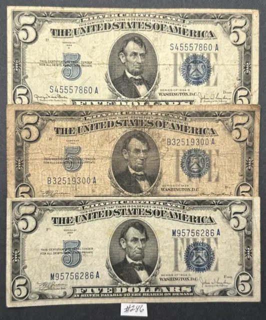 Lot of THREE $5 Silver Certificate 1934 Blue Seal  Notes ~ Old $5 Dollar Bills