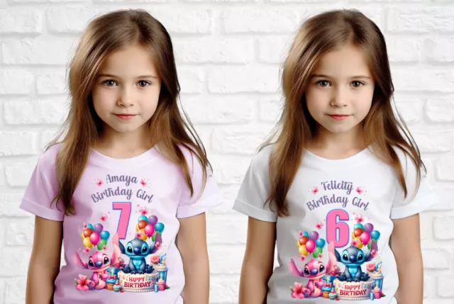 Personalised Angel & Stitch Girl Birthday T-Shirt Top any Age Number Children