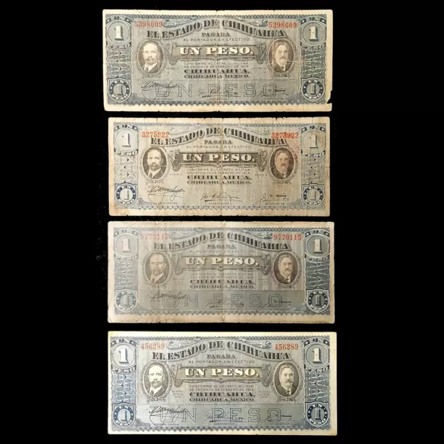 Mexico 1 Pesos, 4 Pcs Set, S529/ S530 1914/ 1915 Tear/Tape Chihuahua Cir