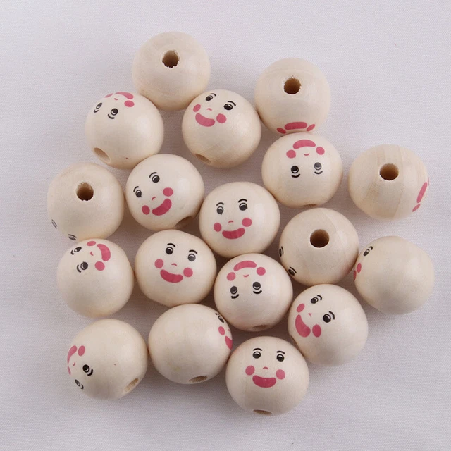 10PCS Wood Printed Color Smiling Face Doll Head Beads DIY Jewelry Accessories